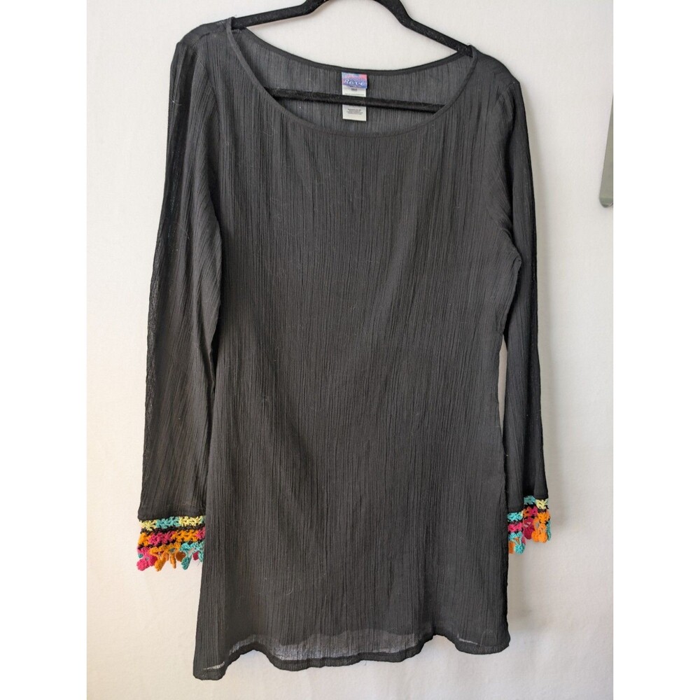 COCO Rave Women’s Black Gauze Multi-Color Crochet Cuff Swim Cover-up Size XL
